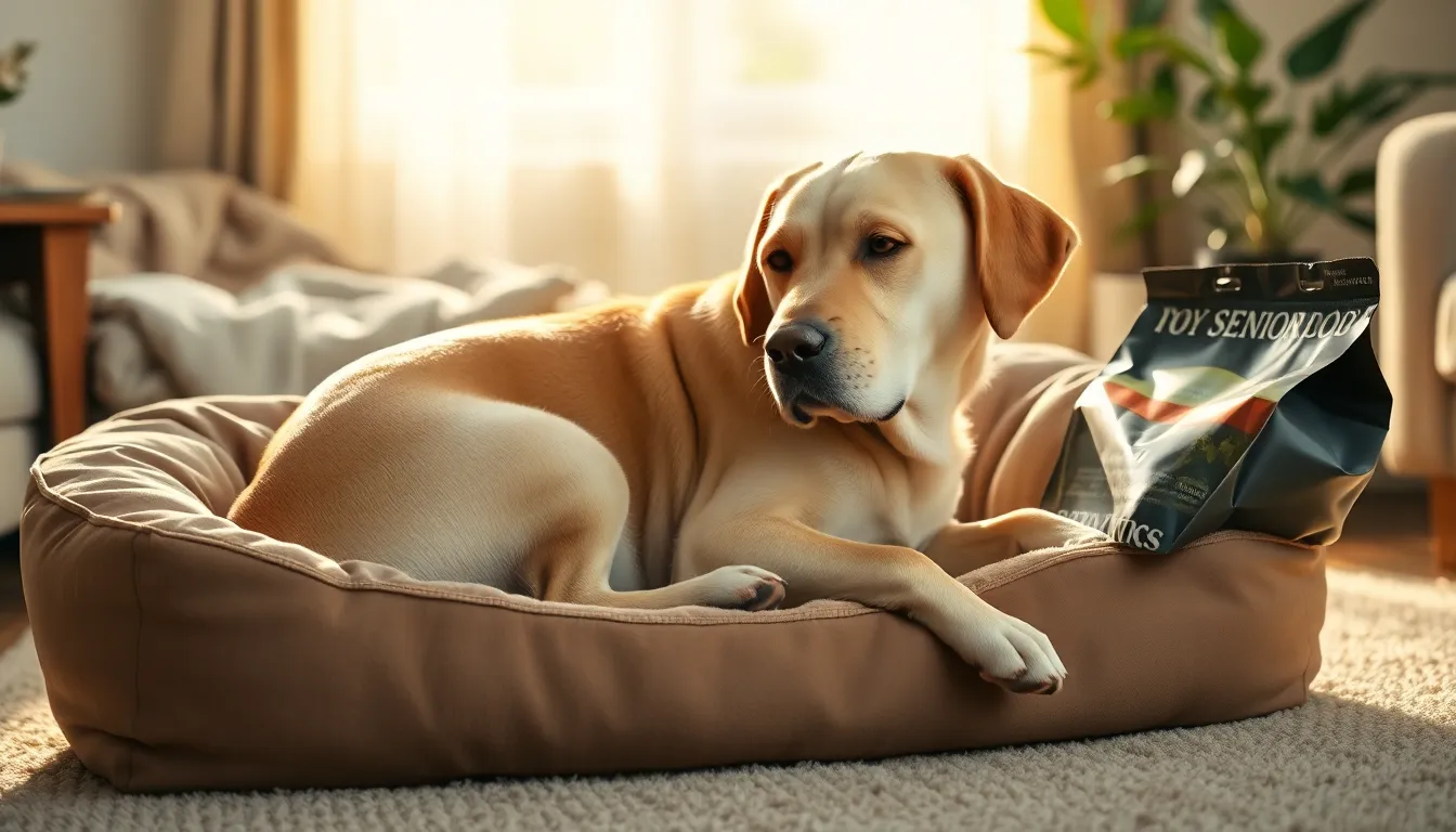 노령견의 나이 든 강아지가 주인의 무릎에 앉아 있는 모습