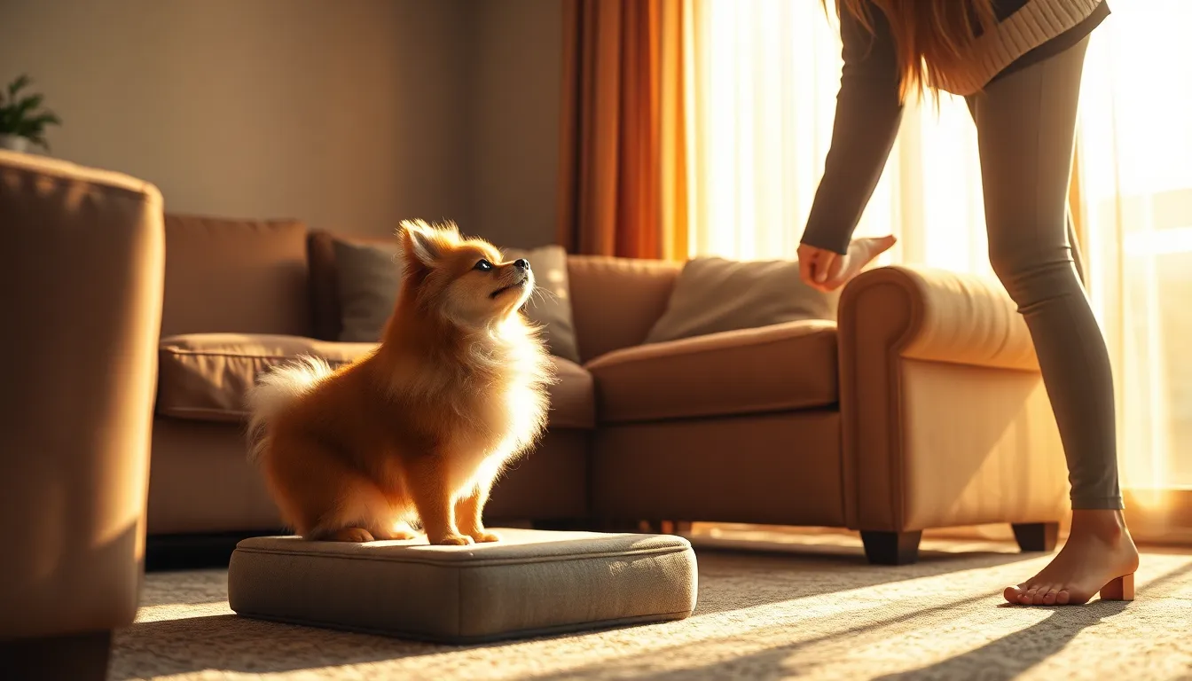 강아지 계단을 이용해 소파로 올라가는 포메라니안