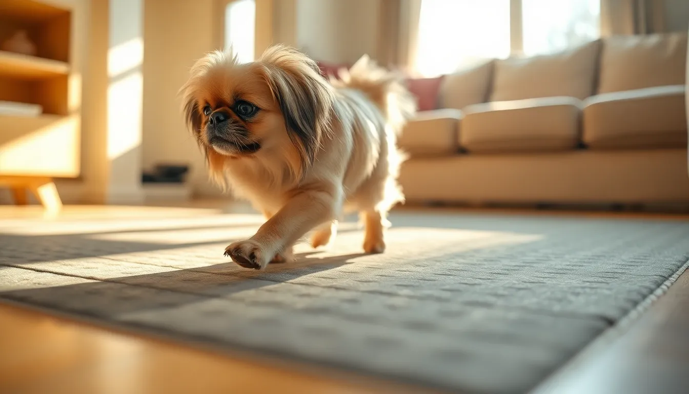 페키니즈 슬개골 탈구 예방, 안전한 거실 바닥재 2 페키니즈가 미끄럼 방지 매트 위에서 편안하게 앉아있는 모습