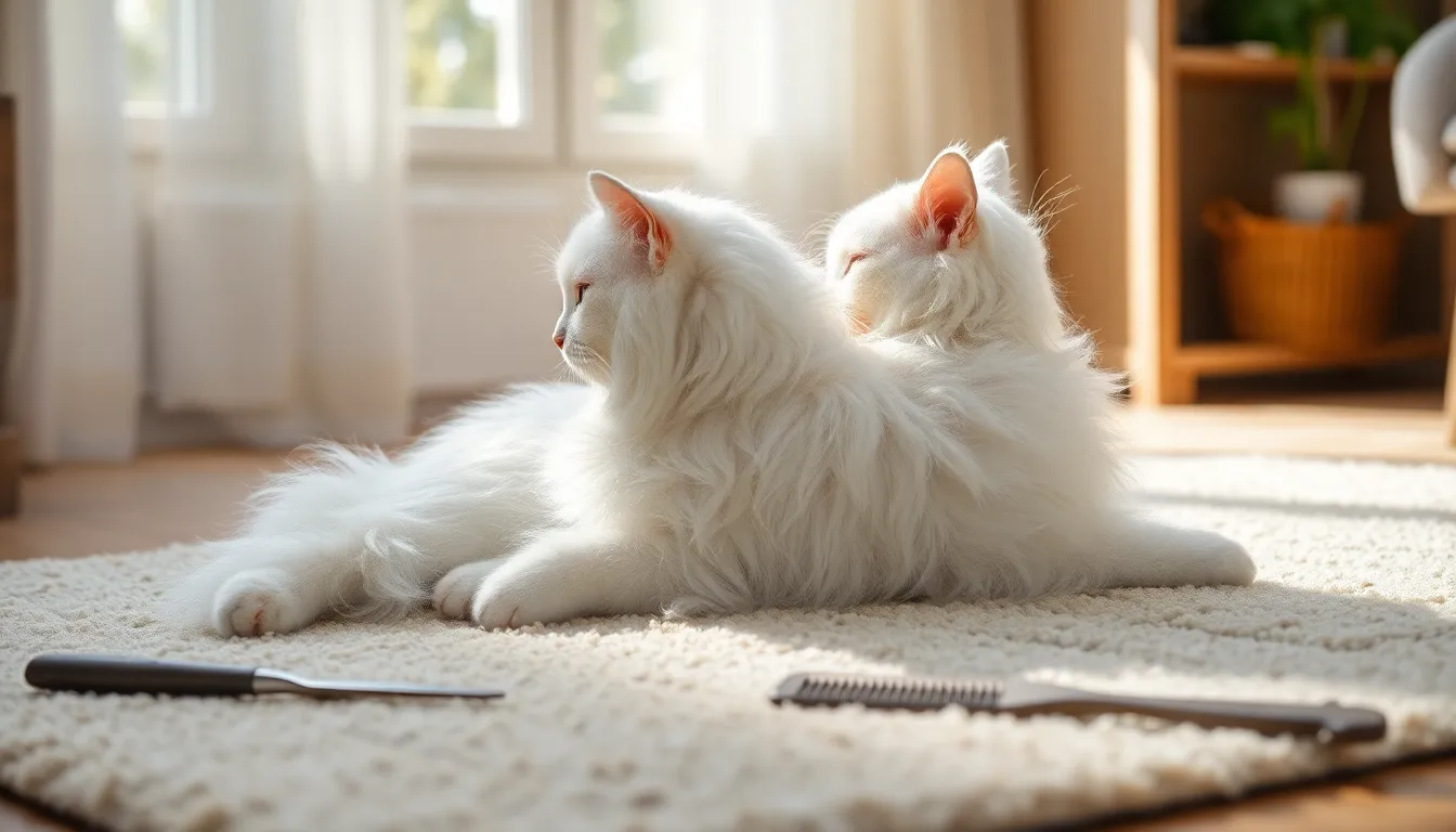 터키시 앙고라 장모 털, 죽은 털 완벽 제거 비법 2 터키시 앙고라 고양이가 빗질을 받는 모습