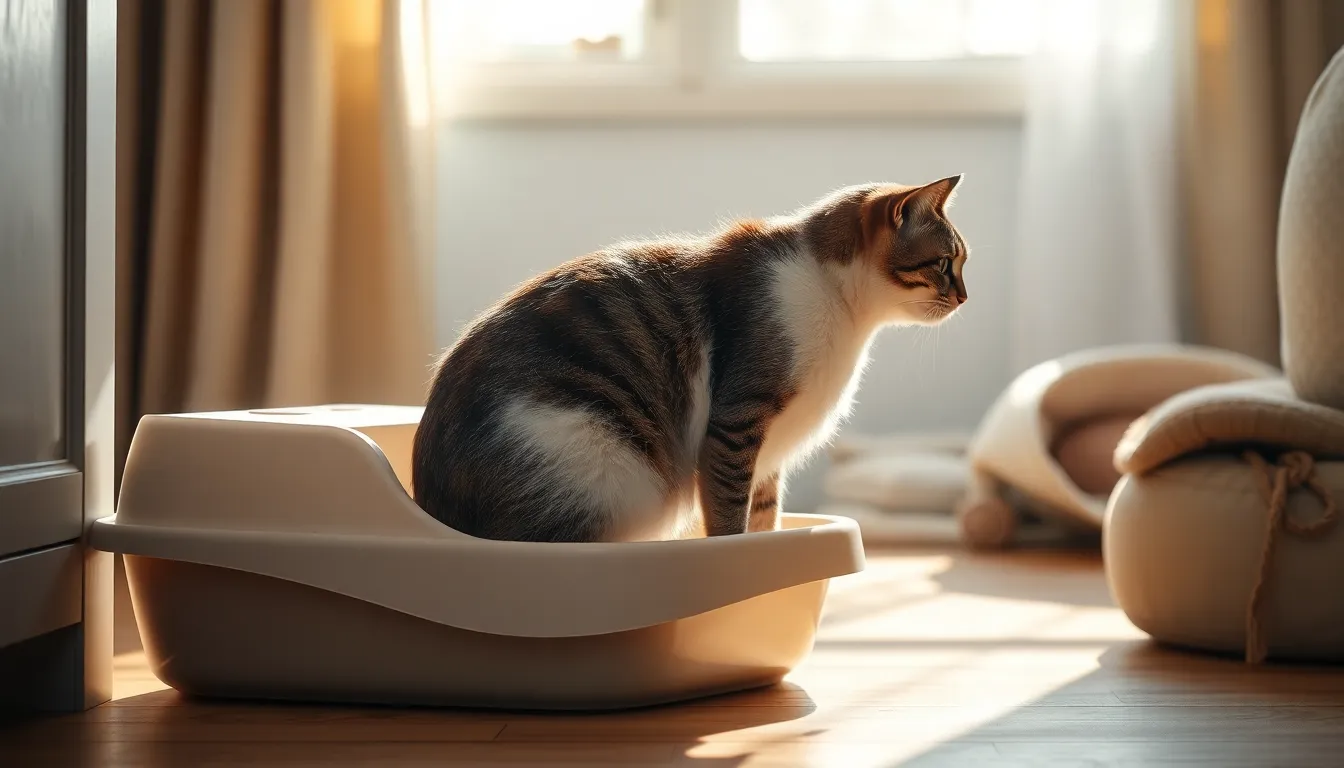 낡은 고양이 화장실 내부의 스크래치와 변색된 모습