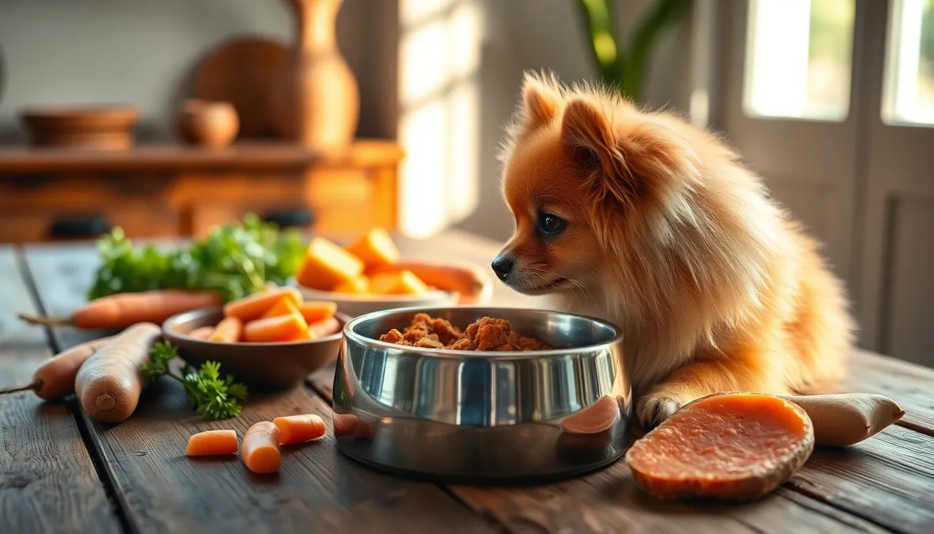 건강한 포메라니안과 맛있는 사료