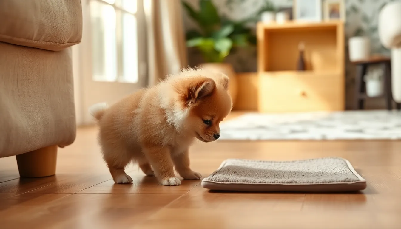 귀여운 포메라니안 강아지가 배변 훈련 중인 모습