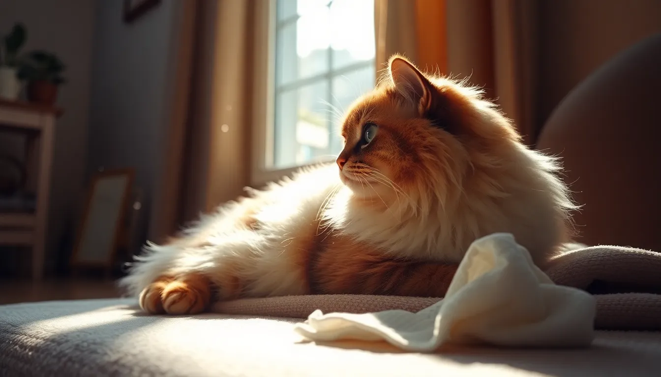 페르시안 고양이의 눈물 자국을 닦아주는 모습