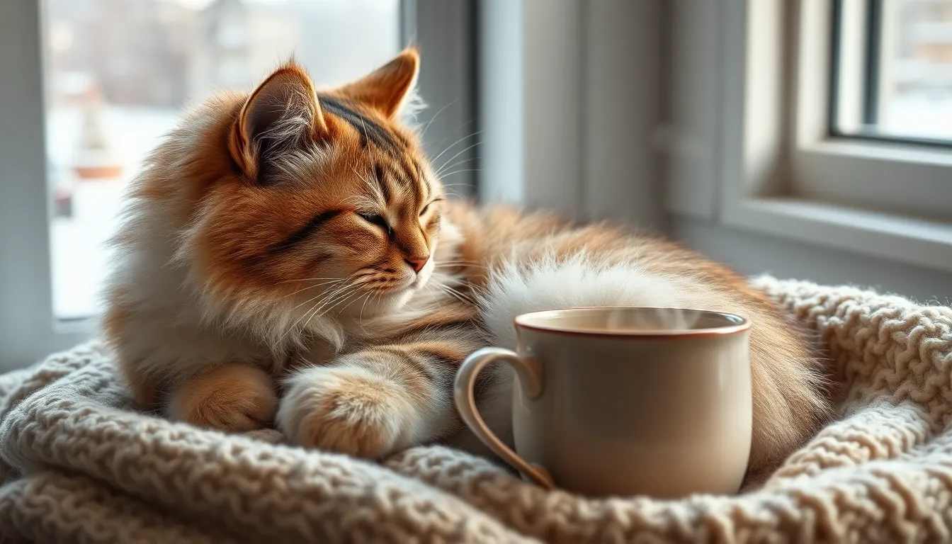 따뜻한 담요 위에 앉아 편안하게 쉬고 있는 고양이