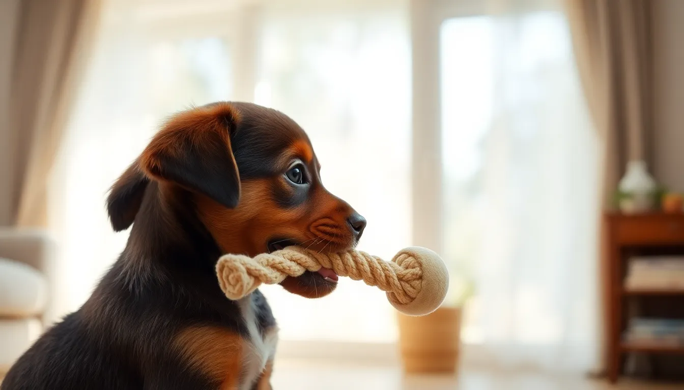 새끼 강아지가 사람 손을 물고 있는 모습