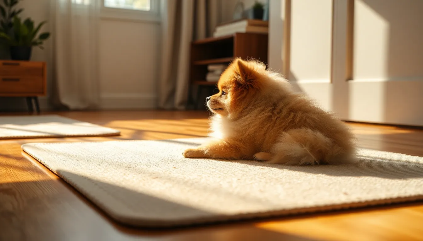 포메라니안이 미끄럼 방지 매트 위에서 편안하게 쉬는 모습