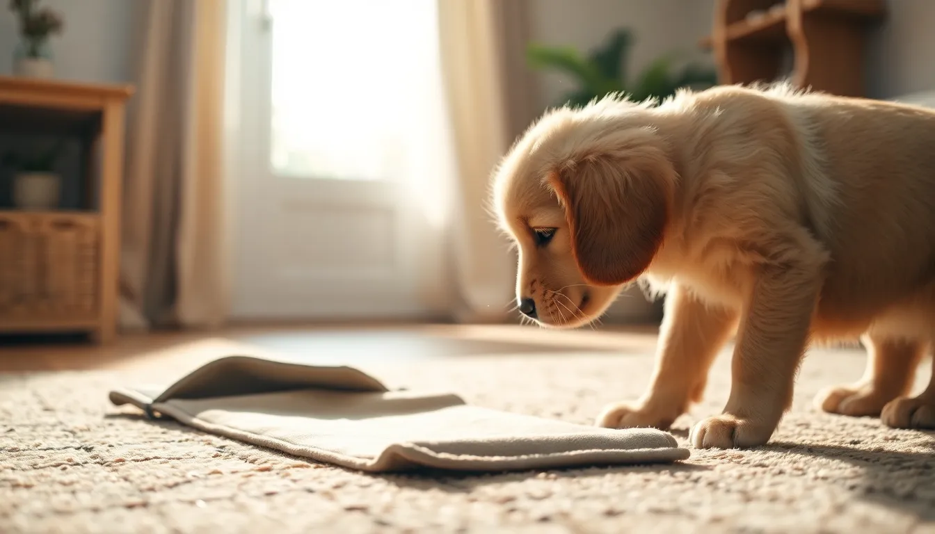 강아지가 노즈워크 담요 위에서 간식을 찾는 모습