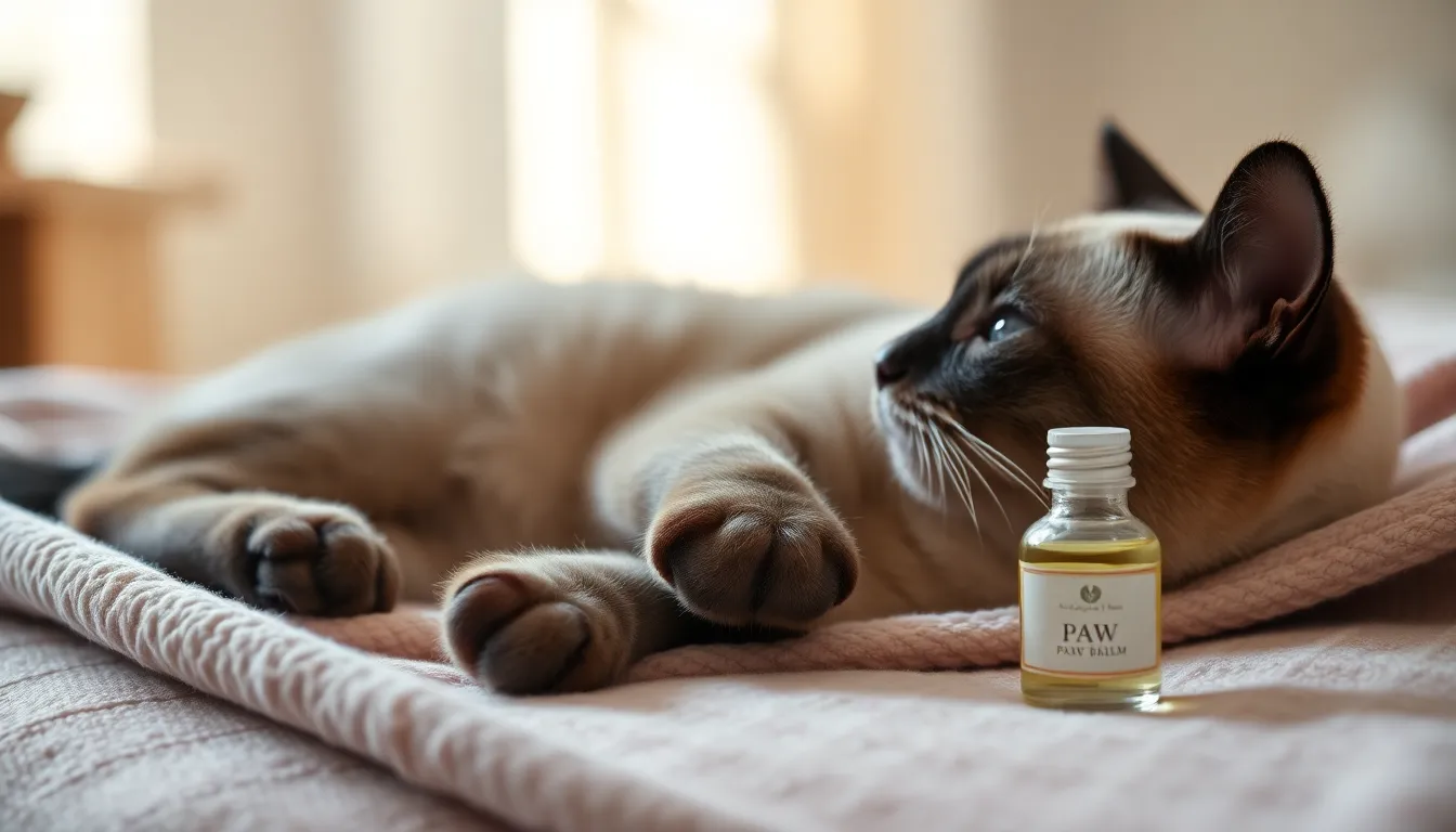 샴 고양이 발바닥 보습제 바르는 모습