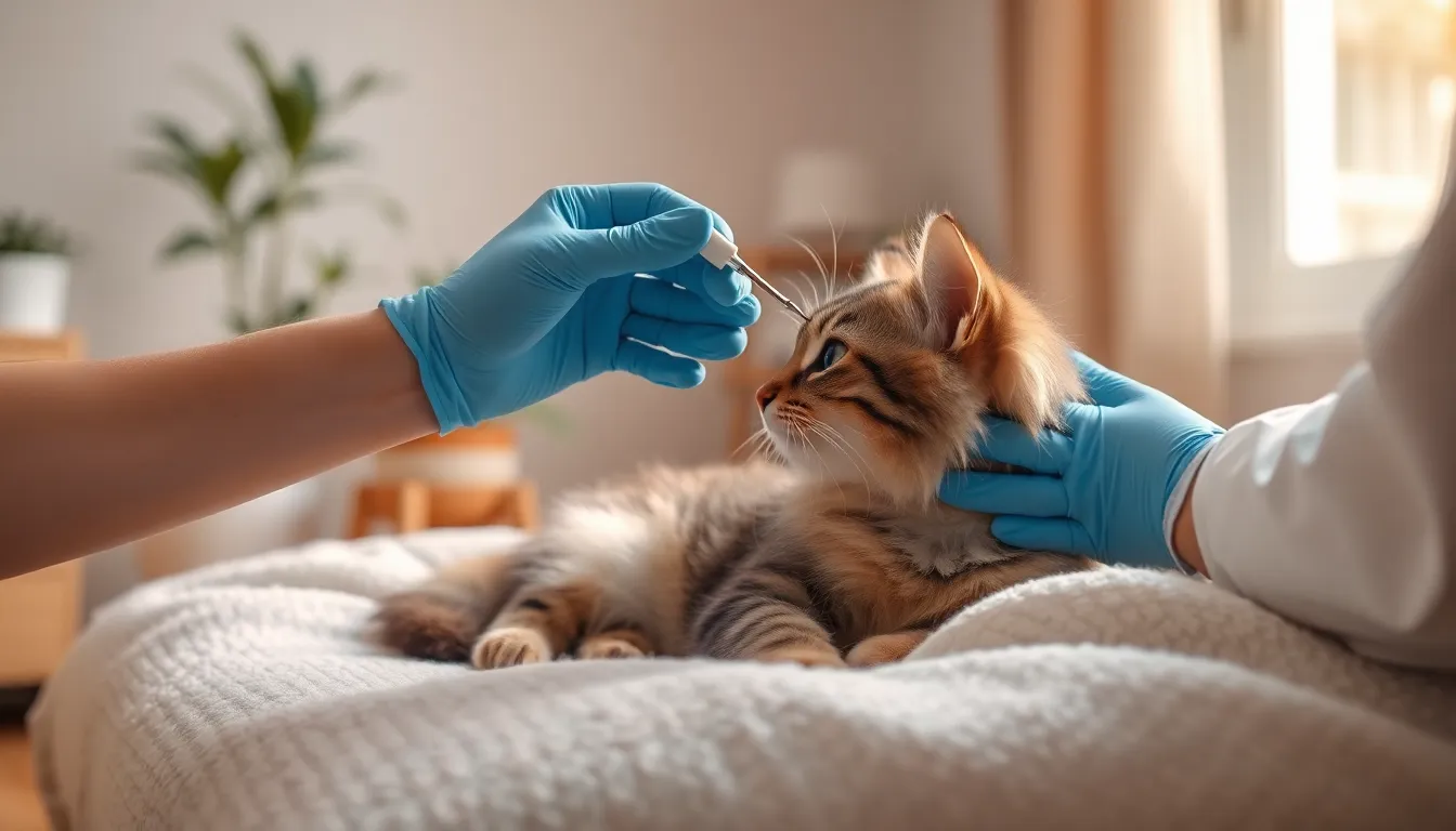 수의사와 고양이가 건강검진을 받는 모습