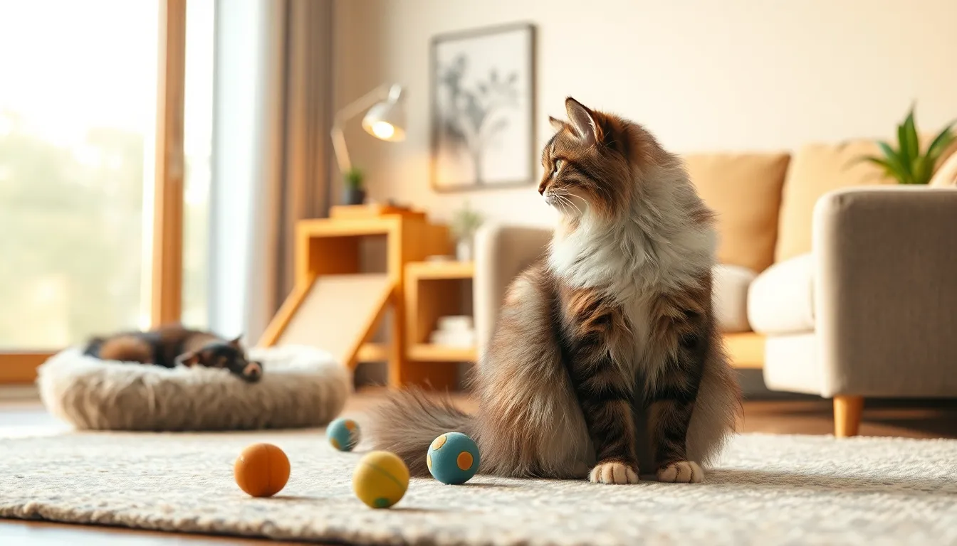 노르웨이 숲 고양이가 높은 곳에서 점프하는 모습