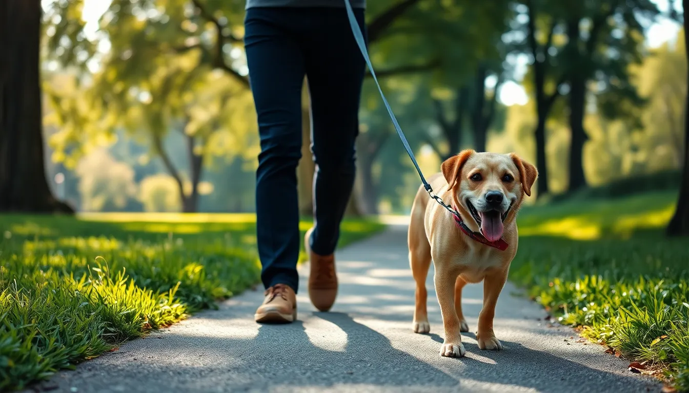 보호자와 함께 즐거운 산책을 하는 강아지