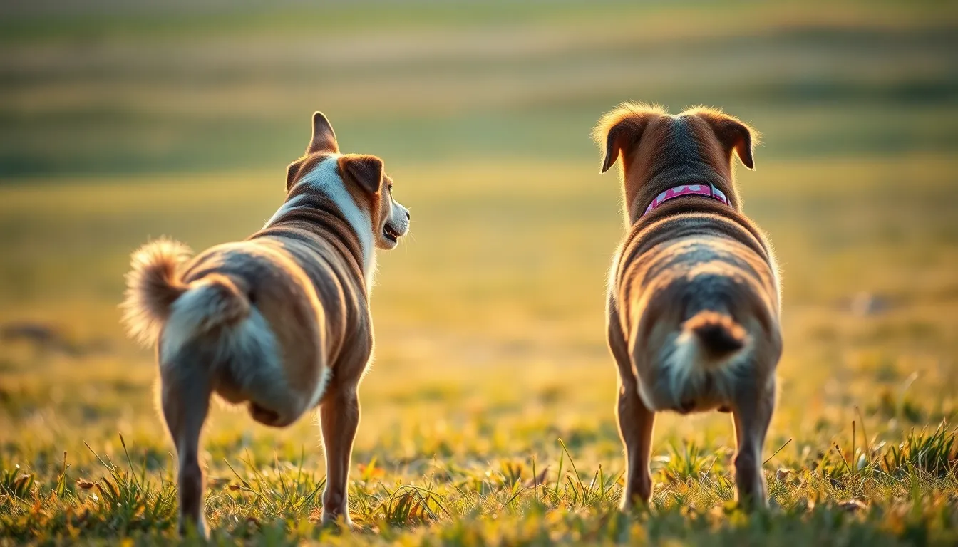 두 마리의 강아지가 중립적인 야외 공간에서 보호자와 함께 만나는 모습