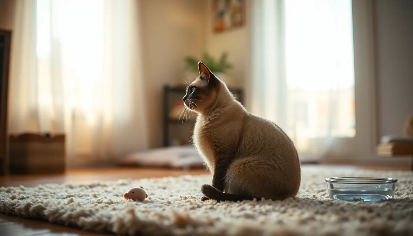샴 고양이가 집사를 올려다보며 애교있게 울고 있는 모습