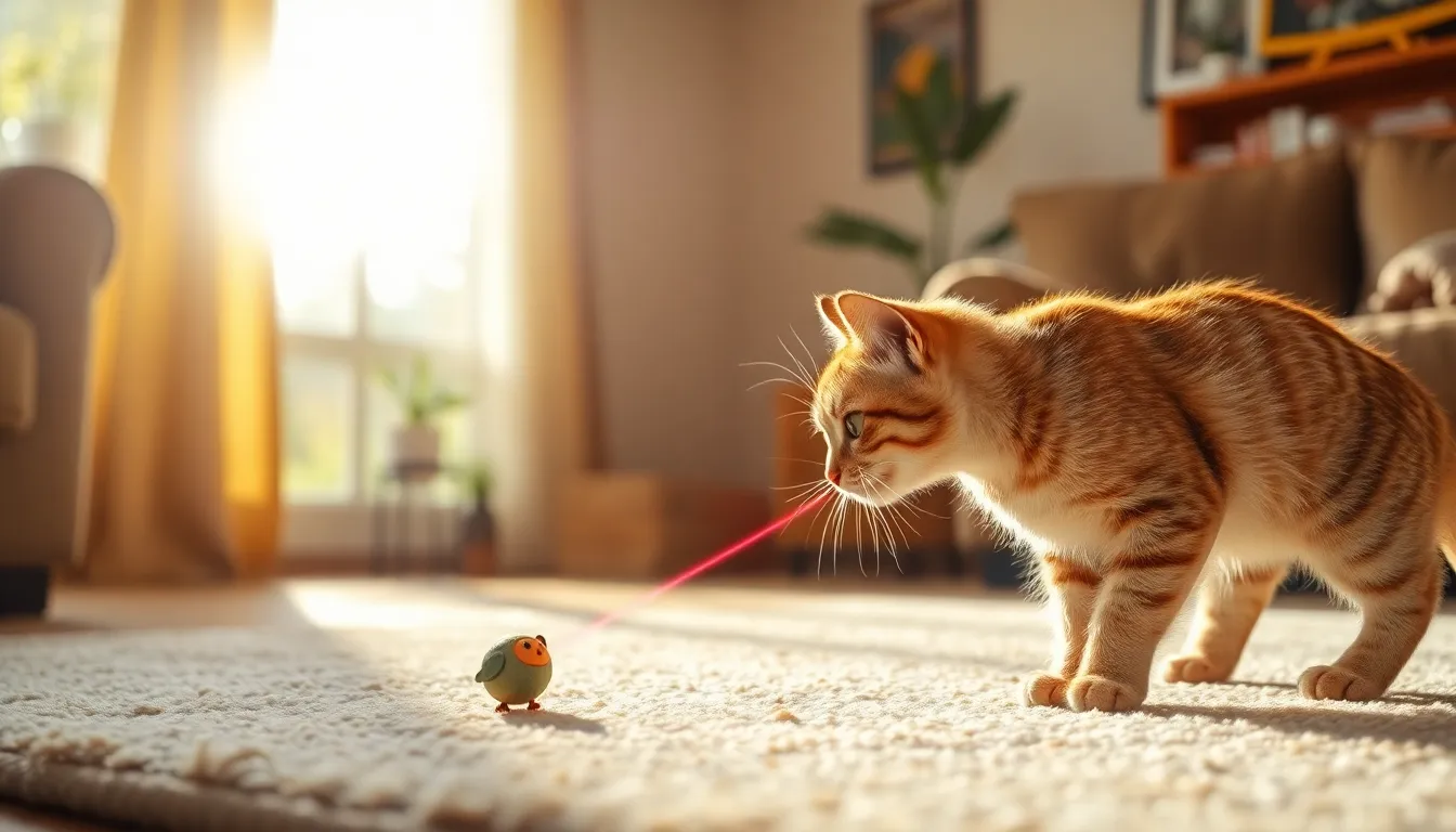 고양이가 깃털 막대 장난감을 쫓으며 즐겁게 노는 모습