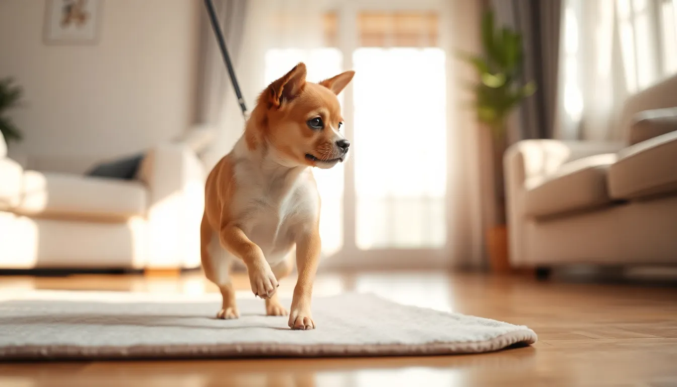 소형견이 슬개골 보호를 위해 평지에서 안전하게 산책하는 모습