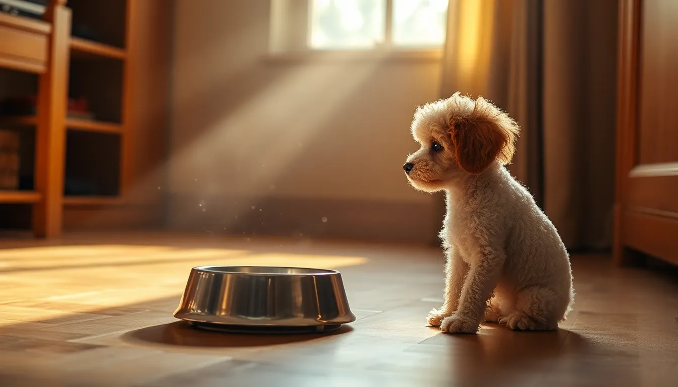 토이푸들 기다려 훈련을 하는 보호자와 강아지의 모습
