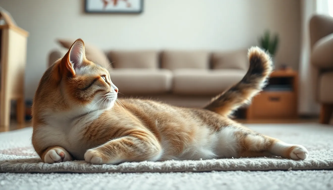 행복하게 꼬리를 위로 세우고 있는 고양이