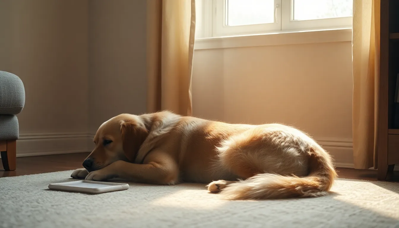 노령견이 침대 옆에서 멍하니 앉아있는 모습