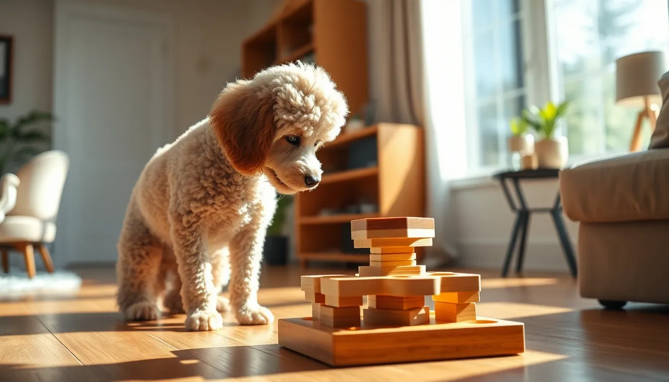 푸들이 퍼즐 장난감으로 노는 모습