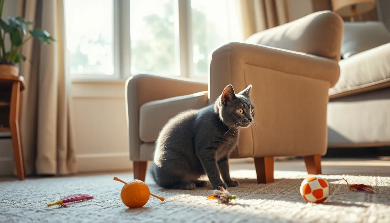 겁 많은 러시안블루 고양이가 집사를 경계하는 모습