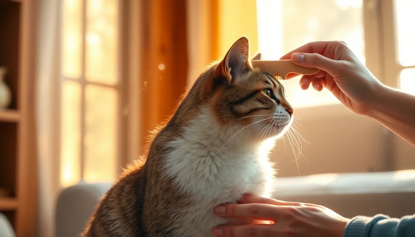 집사가 고양이를 부드럽게 빗질해주는 모습