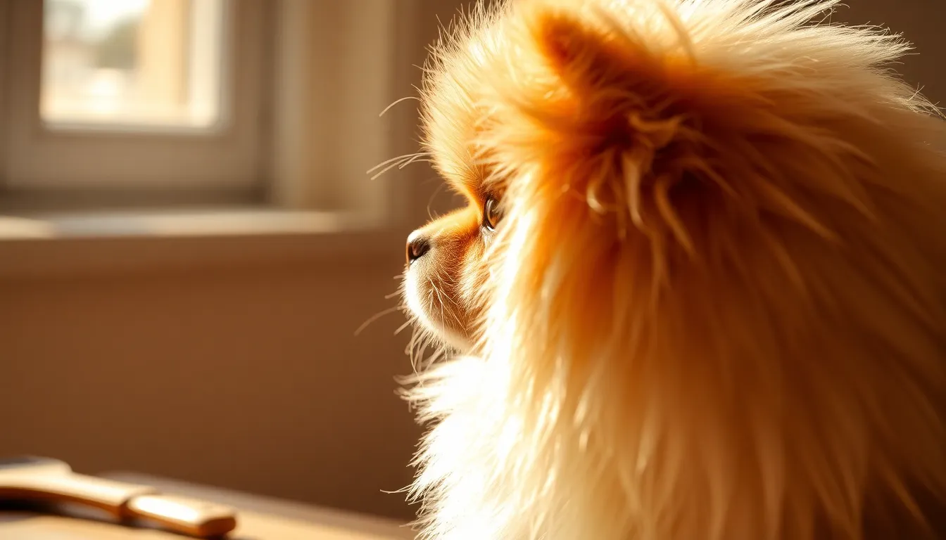 포메라니안이 털 빗질 스프레이를 뿌리는 모습