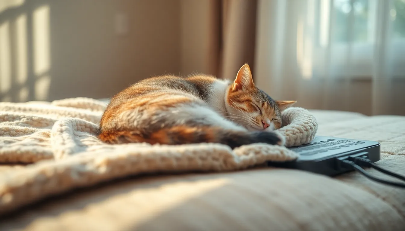 전기장판 위 담요에서 쉬고 있는 고양이