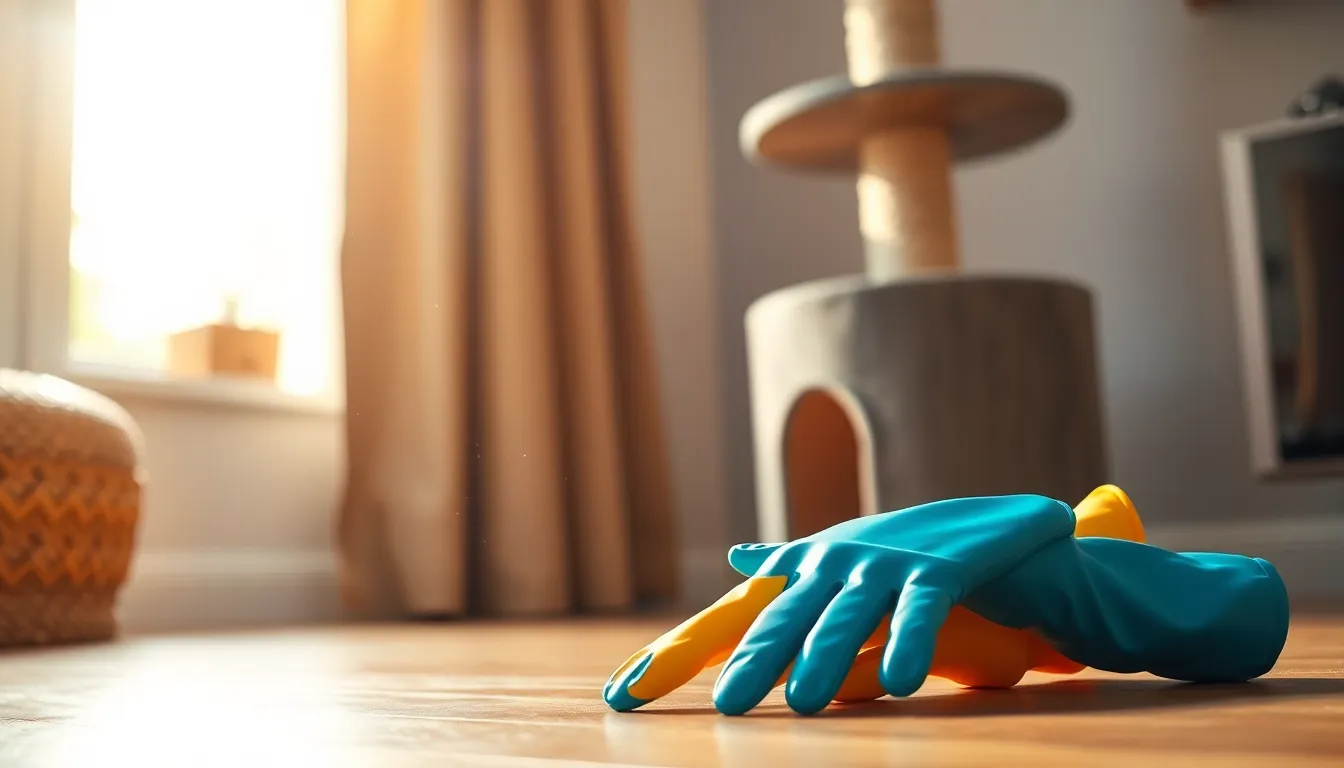 고무장갑으로 캣타워 먼지를 닦는 모습