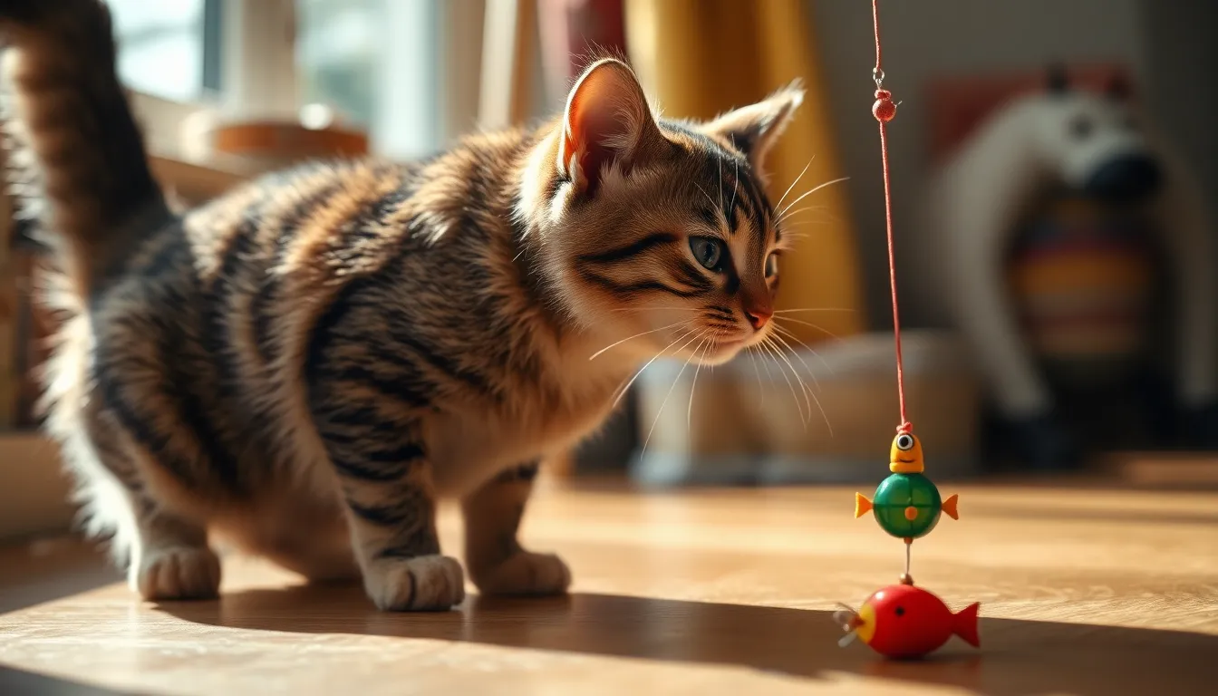 고양이가 낚싯대 장난감을 쫓는 모습