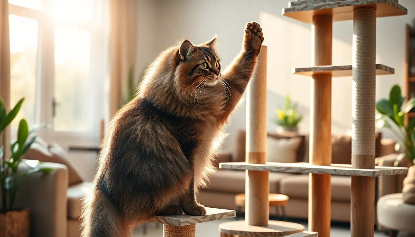 튼튼한 원목 캣타워에서 쉬고 있는 노르웨이숲 고양이
