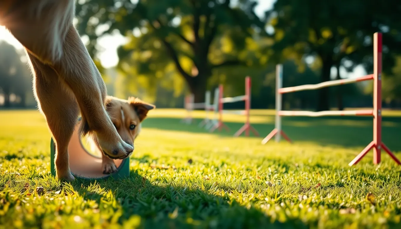 어질리티 코스를 달리는 반려견과 보호자