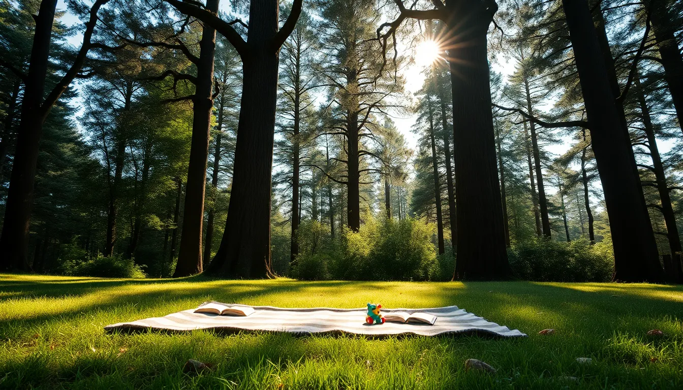 아이들이 숲속 운동장에서 행복하게 뛰어노는 모습