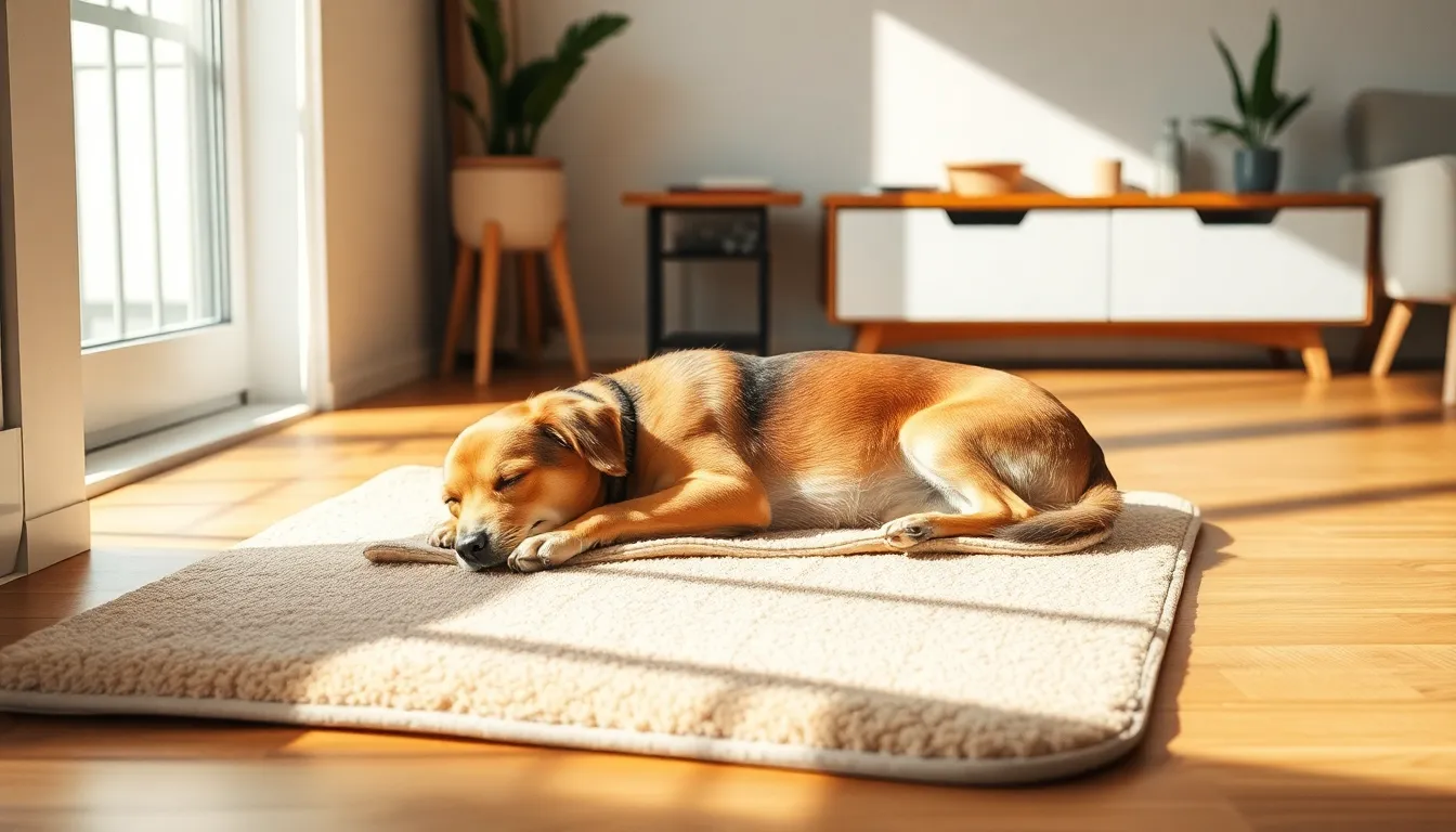 새 아파트 강아지 발소리 줄이는 매트 시공 2 강아지가 편안하게 쉬고 있는 펫 매트가 시공된 아파트 거실