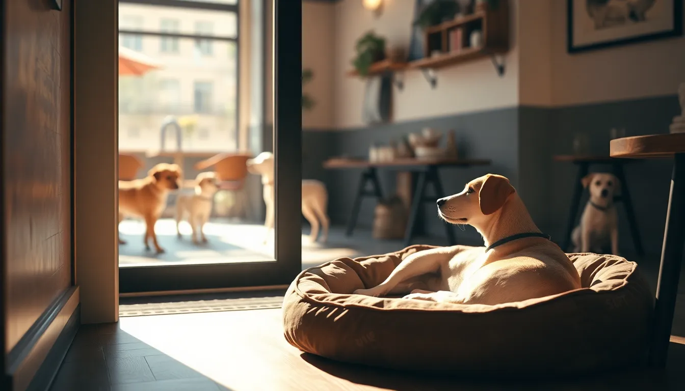 애견카페에서 구석에 앉아 주변을 관찰하는 강아지와 보호자