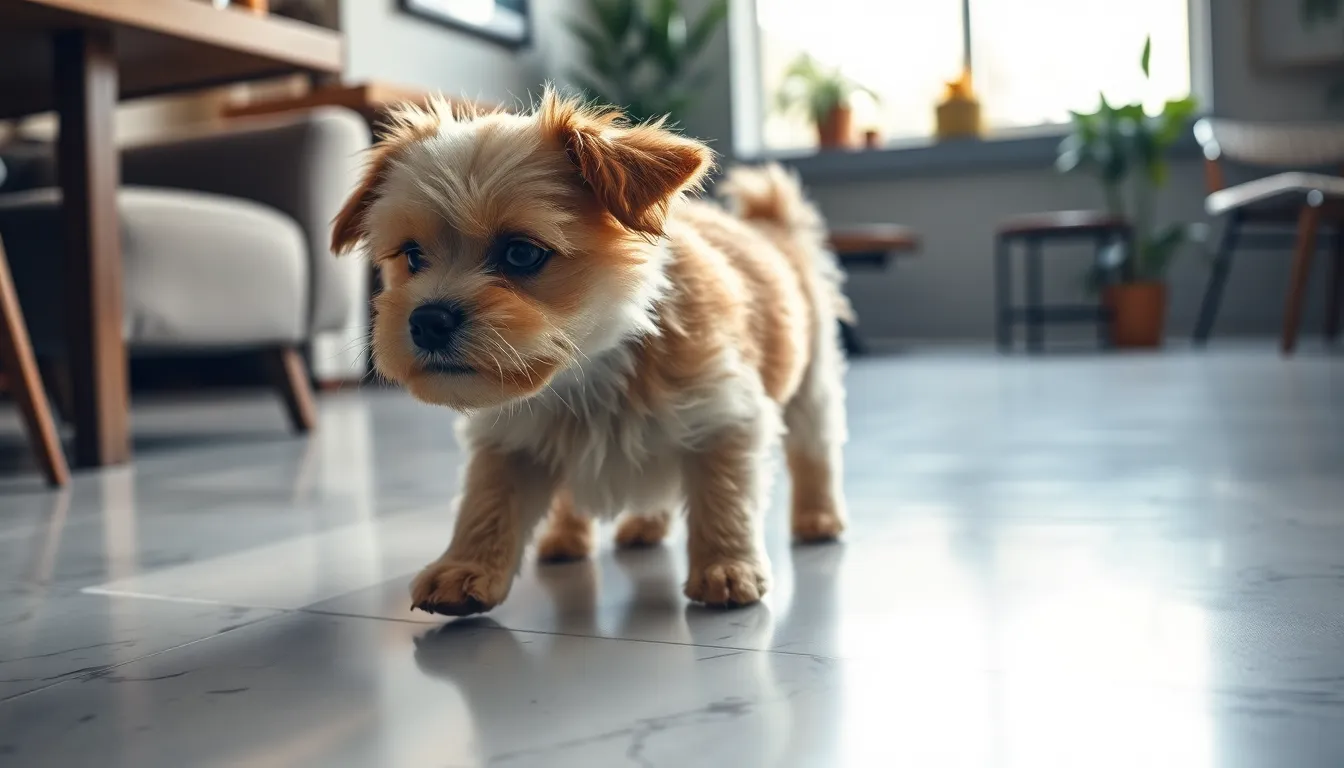 애견카페 바닥재, 강아지 관절에 안전할까? 2 강아지가 미끄러운 바닥 위에서 미끄러지는 모습