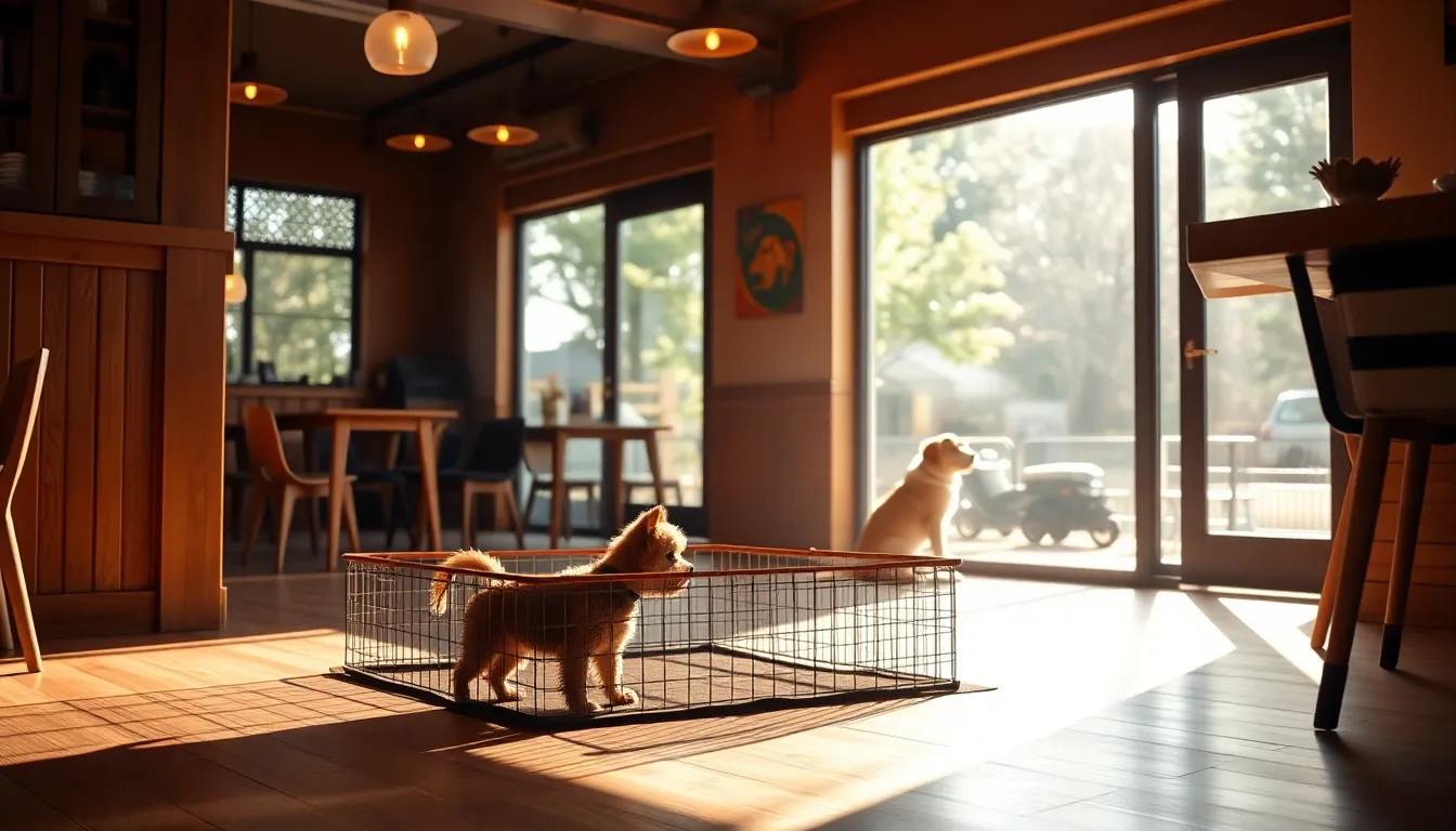 강아지 카페, 견종별 분리 필수! 사고 예방 팁 2 서로 다른 견종의 강아지들이 안전하게 분리되어 있는 강아지 카페의 모습