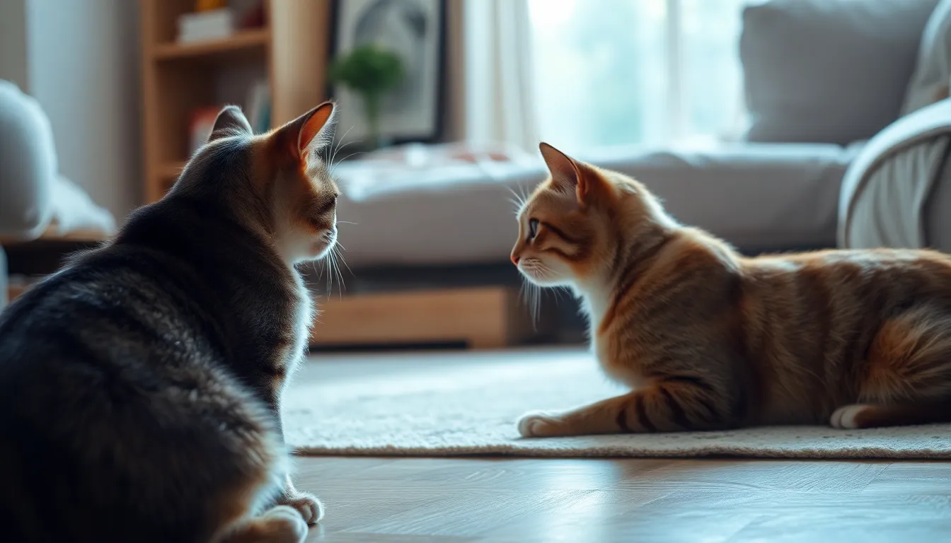 고양이 합사 중 경계 신호를 보이는 고양이 이미지