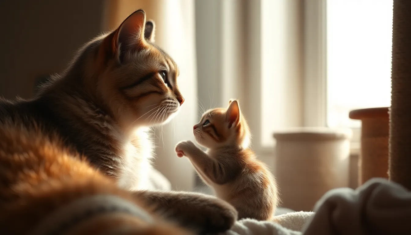 성묘와 아기 고양이의 다정한 모습