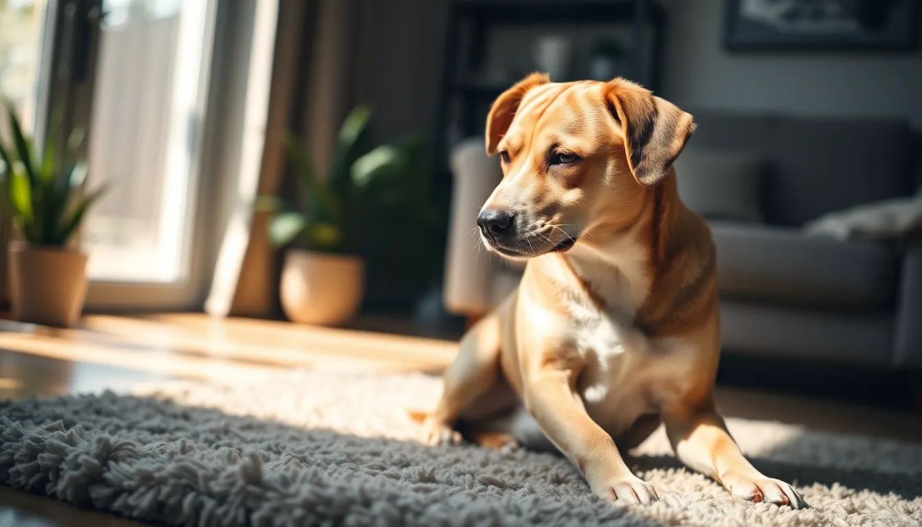 강아지가 낯선 사람 앞에서 하품하며 불안해하는 모습