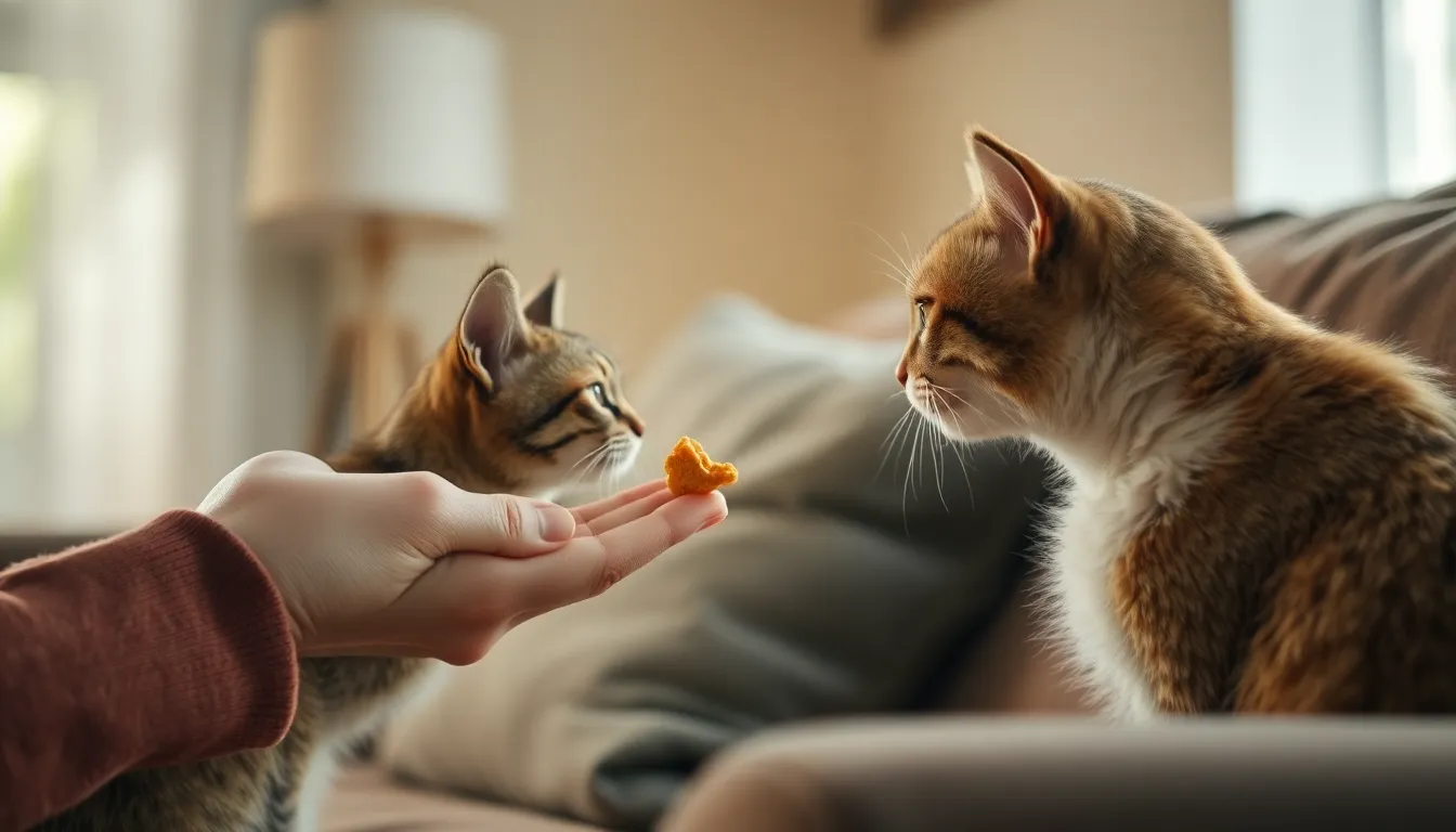 고양이와 간식으로 쓰다듬기 훈련하는 모습