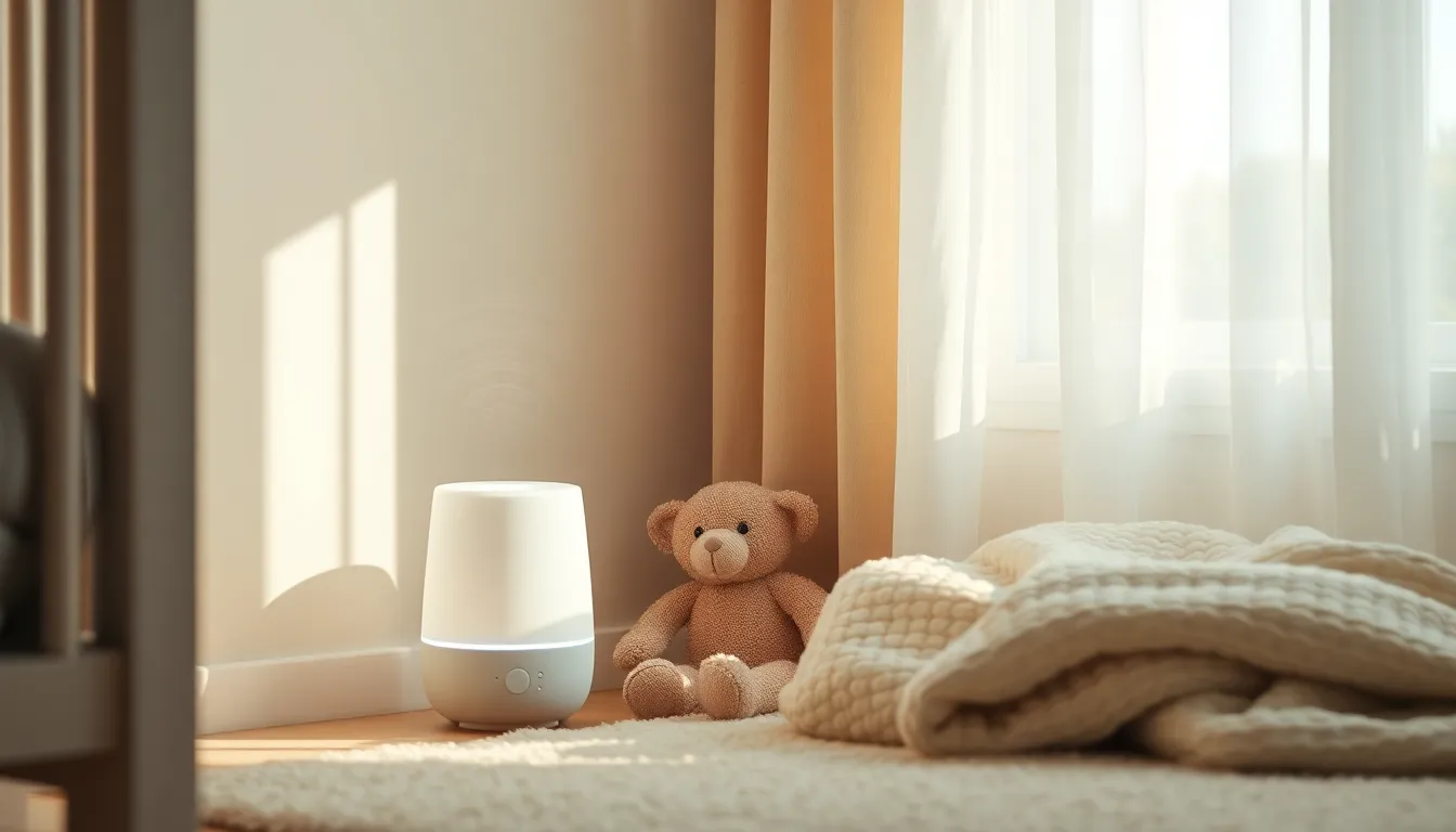 평화롭게 잠든 강아지 옆에 화이트 노이즈 기기가 놓여있는 이미지