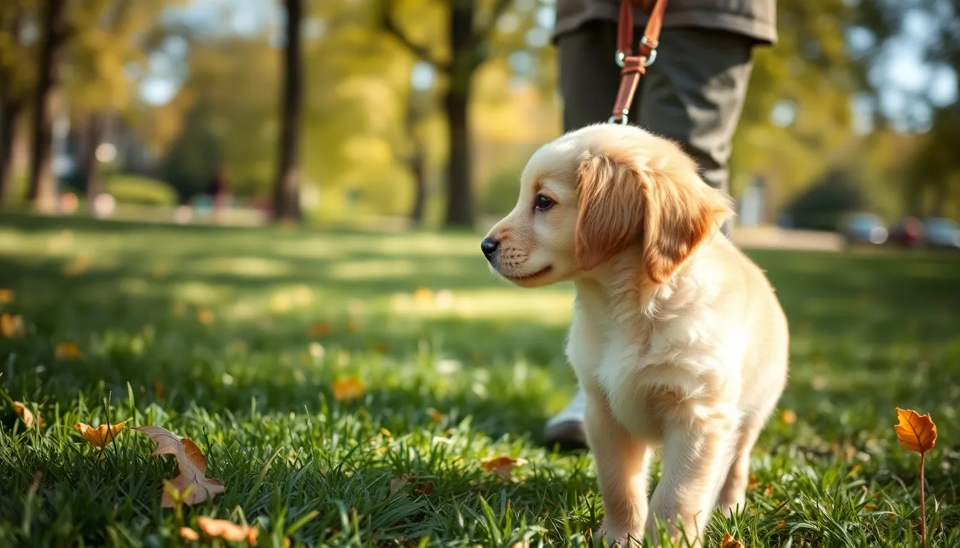 강아지가 보호자와 함께 산책하는 모습